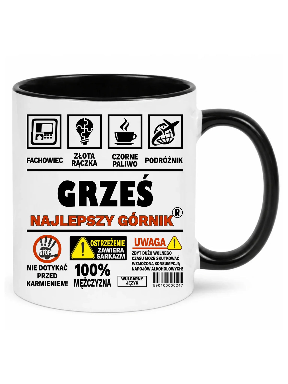 Biały z czarnym środkiem kubek z imieniem dla górnika - Uwaga 100% mężczyzny