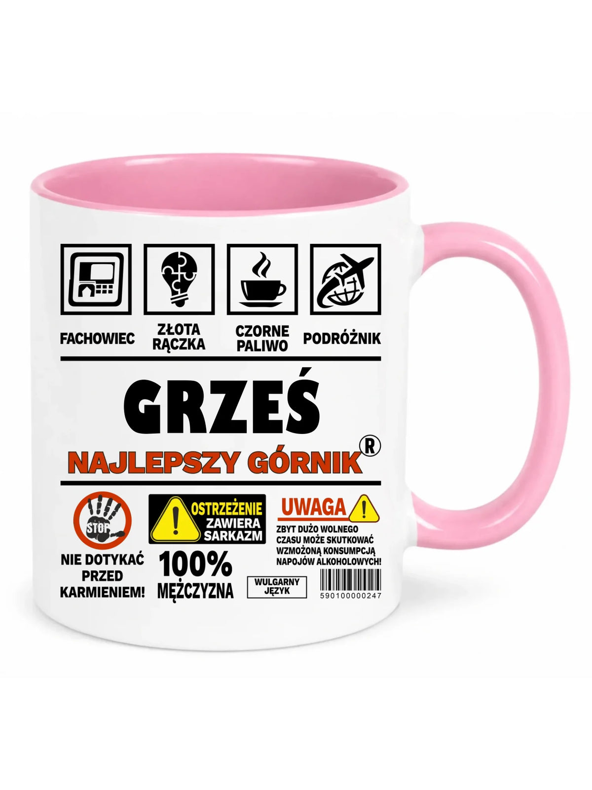 Biały z różowym środkiem kubek z imieniem dla górnika - Uwaga 100% mężczyzny