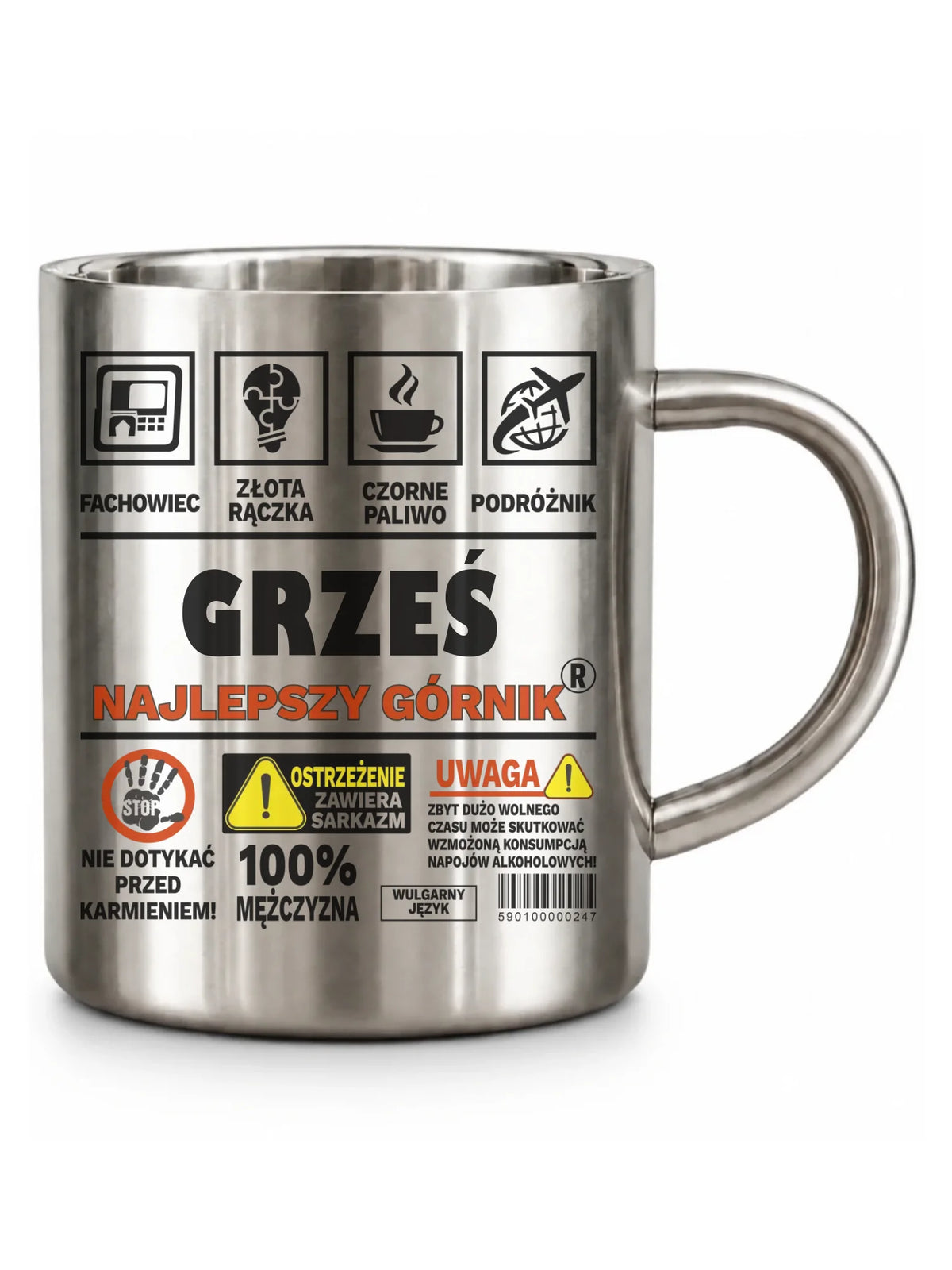 Srebrny metalowy kubek turystyczny z imieniem dla górnika - Uwaga 100% mężczyzny