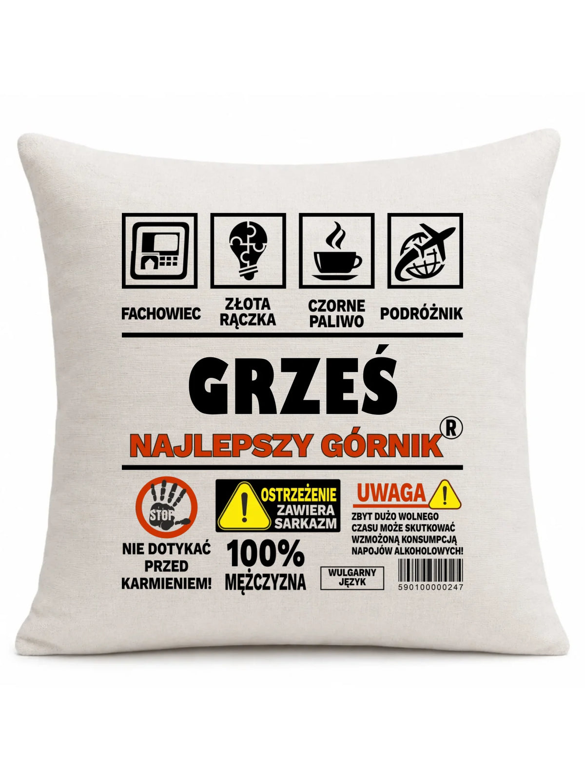 Kremowa poduszka lniana z imieniem dla górnika - Uwaga 100% mężczyzny