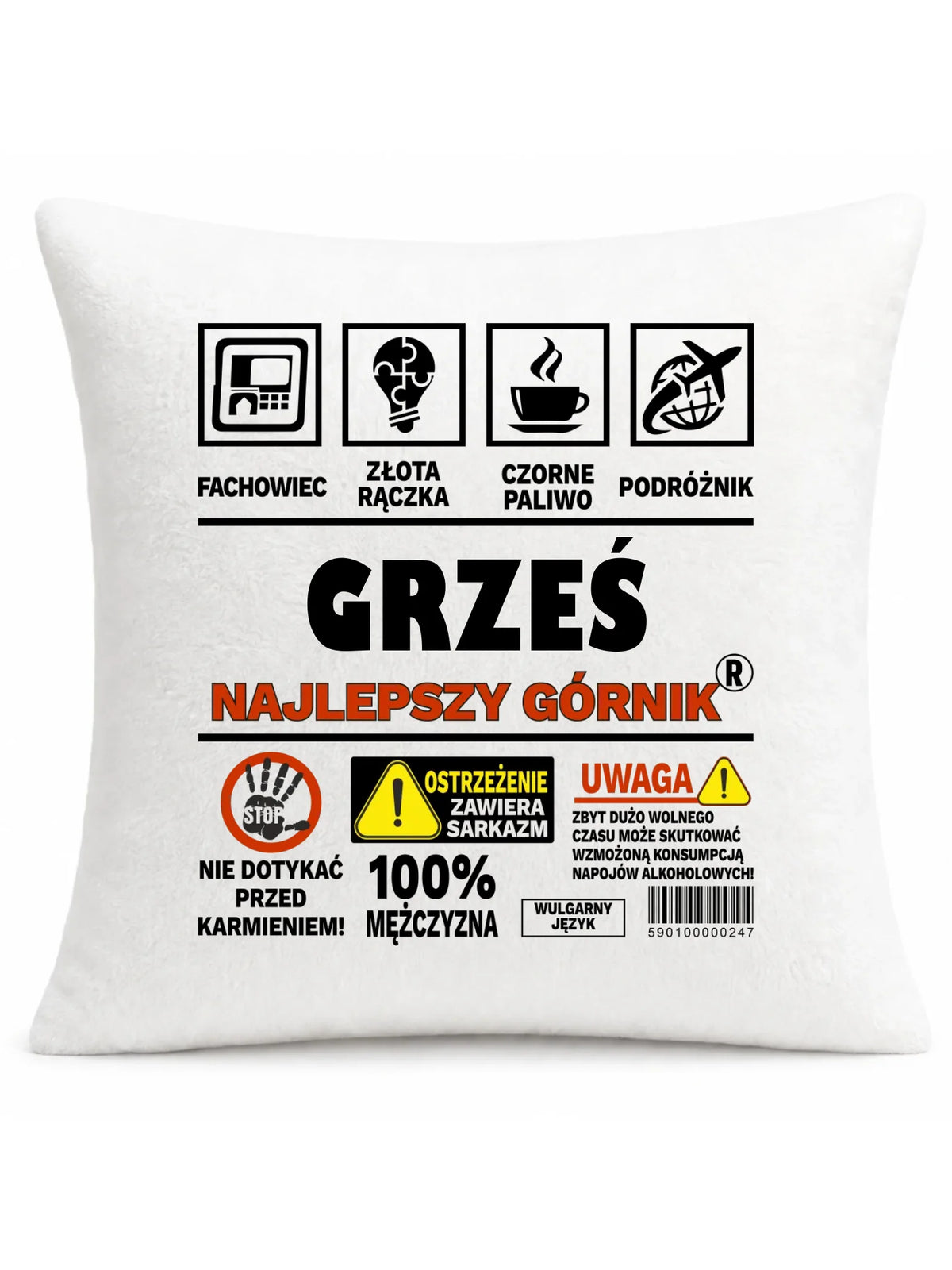 Biała poduszka pluszowa z imieniem dla górnika - Uwaga 100% mężczyzny