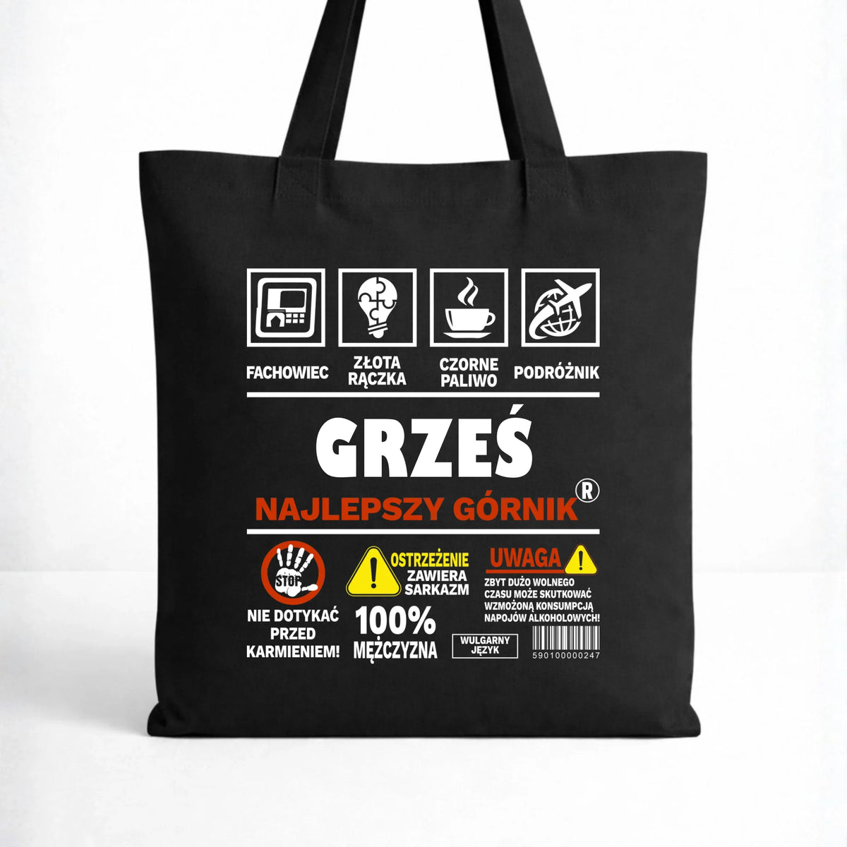 Czarna torba z imieniem dla górnika - Uwaga 100% mężczyzny