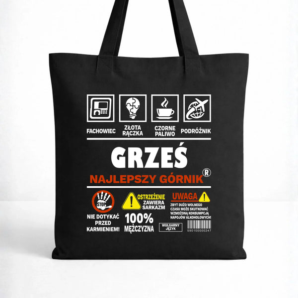 Czarna torba z imieniem dla górnika - Uwaga 100% mężczyzny