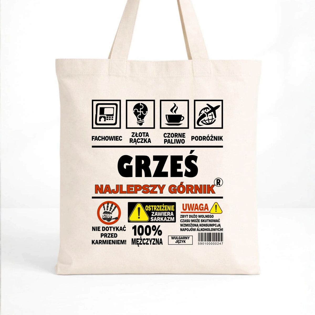 Naturalna torba z imieniem dla górnika - Uwaga 100% mężczyzny