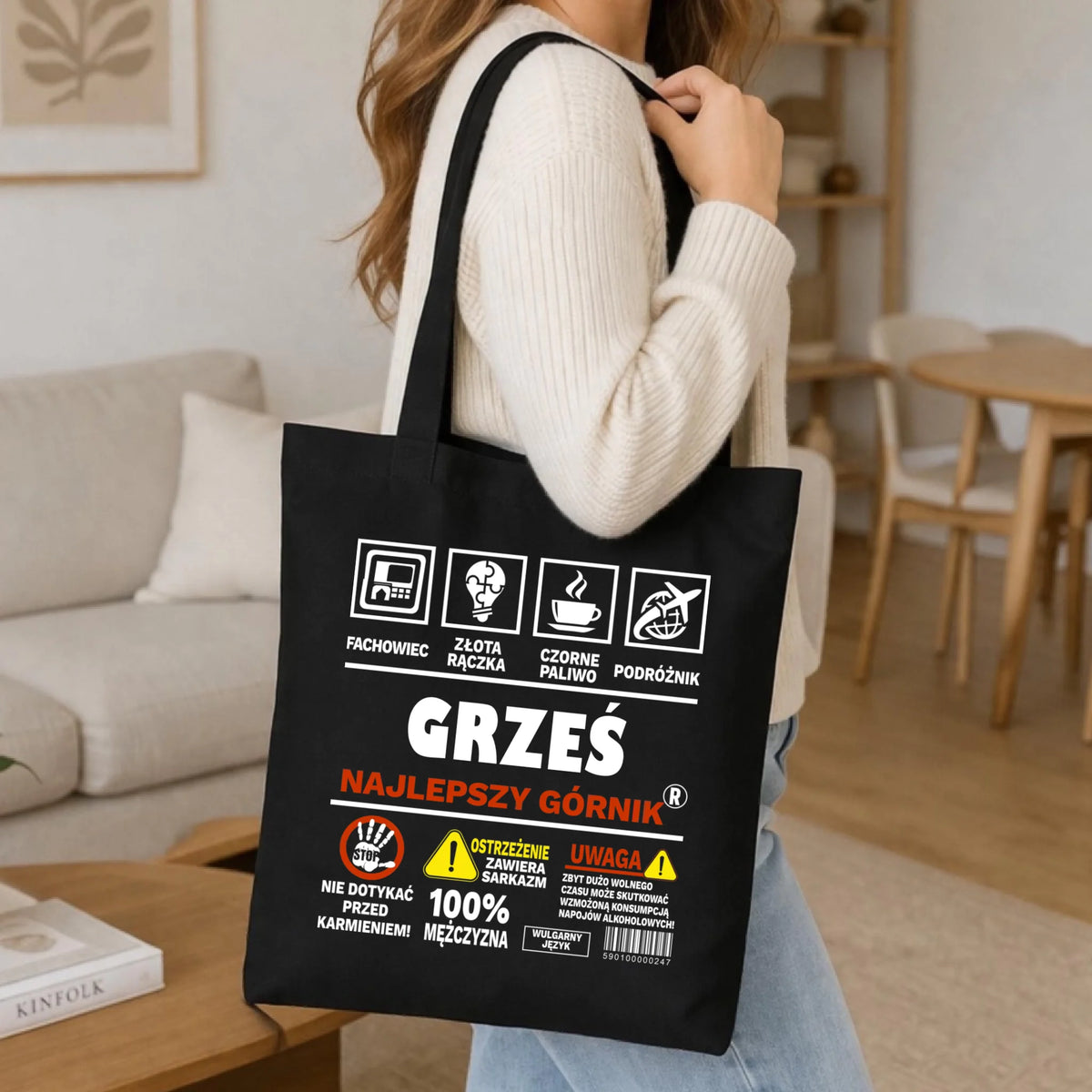 Prezent na urodziny dla górnika czarna torba z imieniem i nadrukiem - Uwaga 100% mężczyzny
