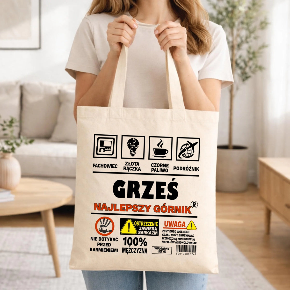 Prezent na święta dla górnika naturalna torba z imieniem i nadrukiem - Uwaga 100% mężczyzny