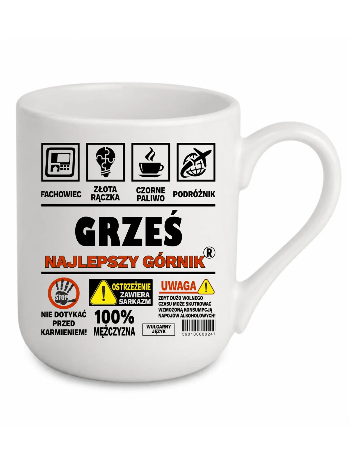 Biały kubek elegant z imieniem dla górnika - Uwaga 100% mężczyzny