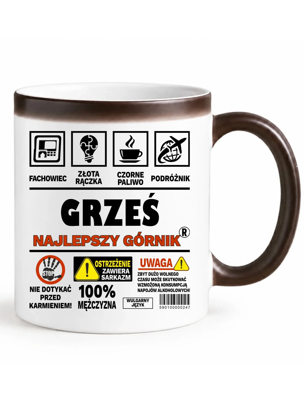 Zmieniający kolor kubek magiczny z imieniem dla górnika z ukrytym nadrukiem - Uwaga 100% mężczyzny
