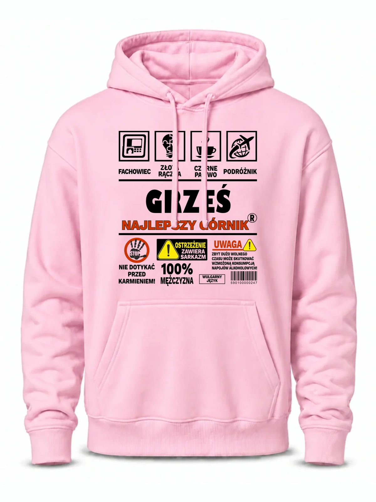 Różowa bluza męska z kapturem z imieniem dla górnika - Uwaga 100% mężczyzny