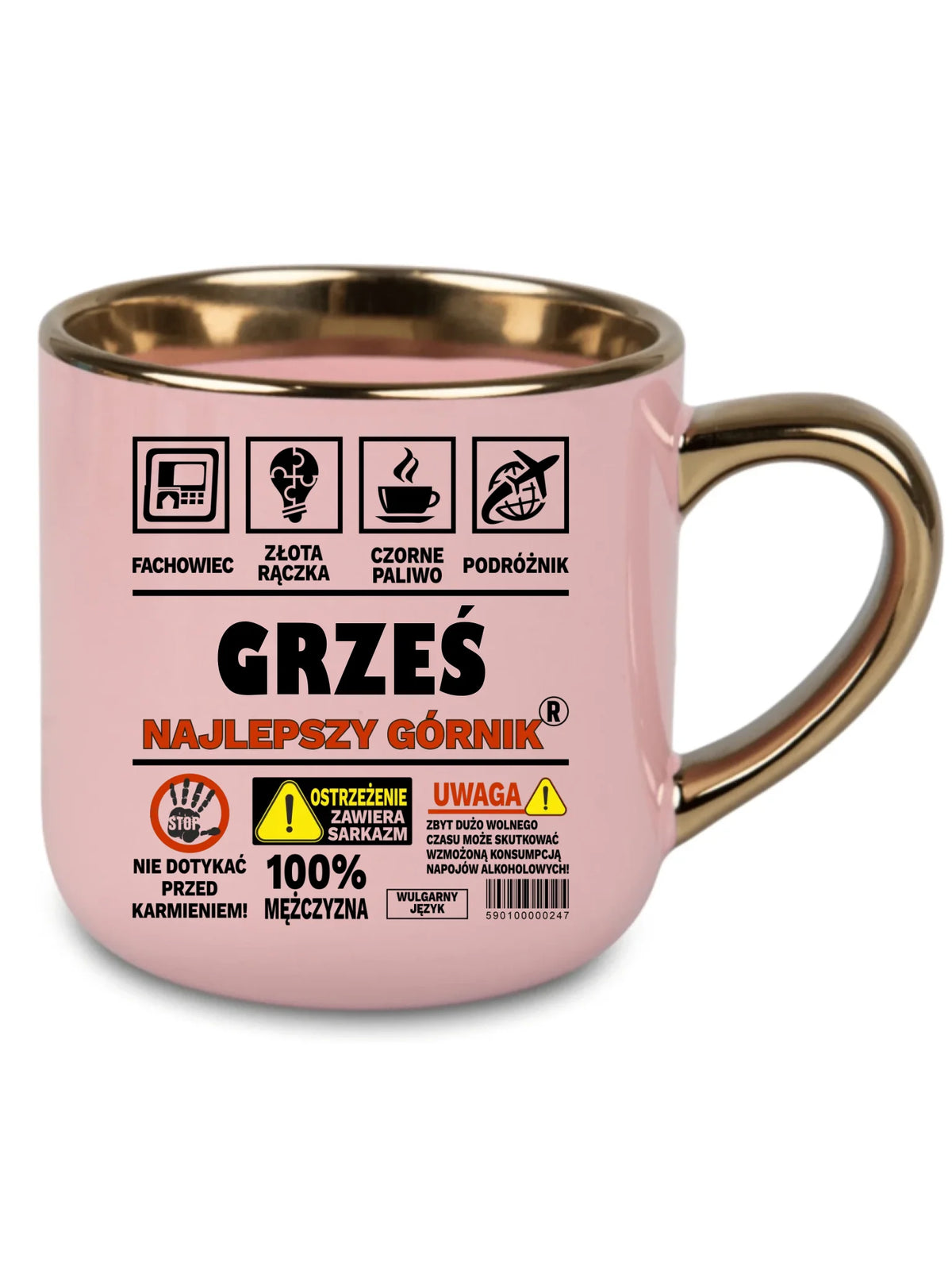 Różowy kubek ze złotym rantem z imieniem dla górnika - Uwaga 100% mężczyzny