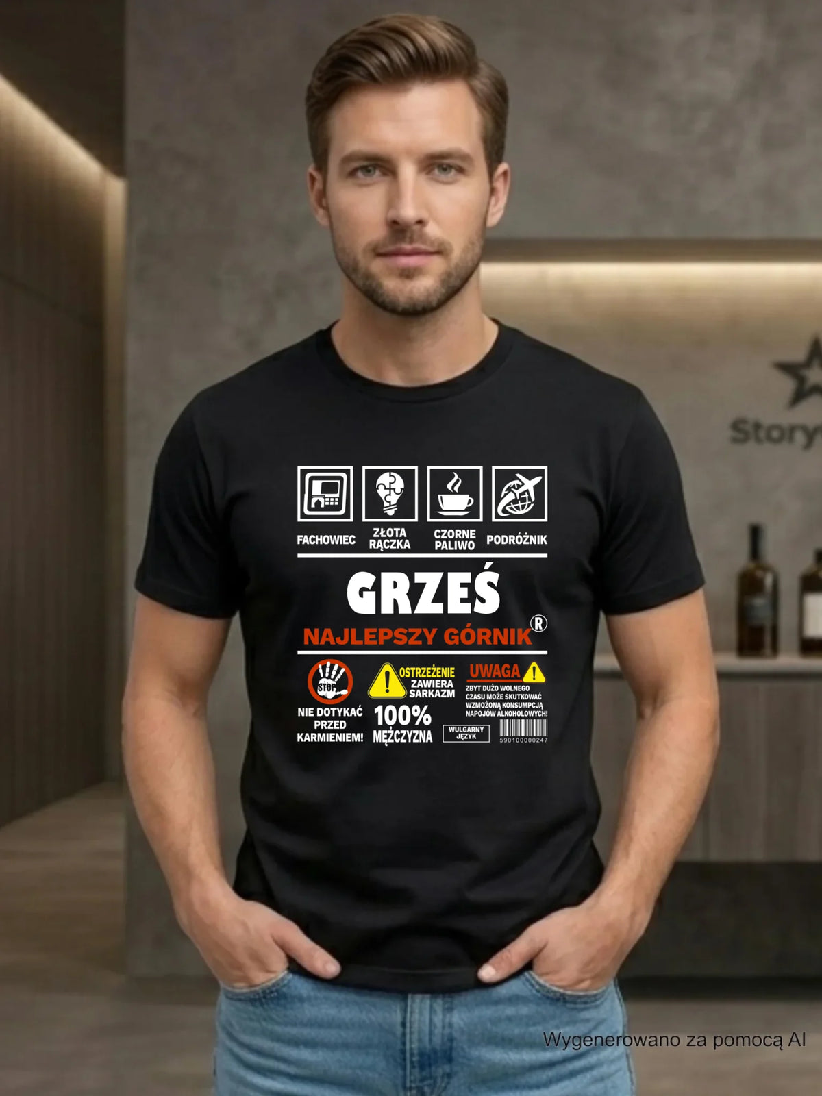 Prezent na Dzień Górnika czarna koszulka z imieniem i nadrukiem - Uwaga 100% mężczyzny