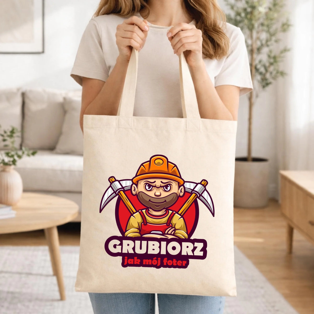 Prezent na Dzień Górnika naturalna torba z nadrukiem - Grubiorz jak mój foter
