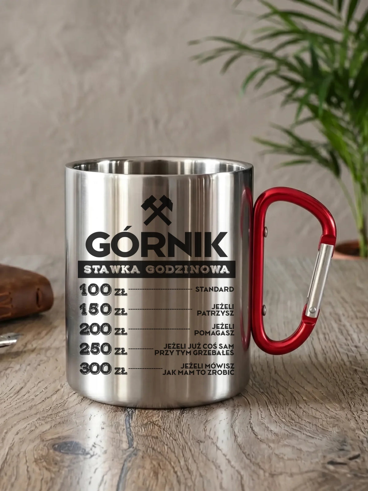 Prezent na Dzień Górnika srebrny kubek turystyczny z nadrukiem - Górnik stawka godzinowa