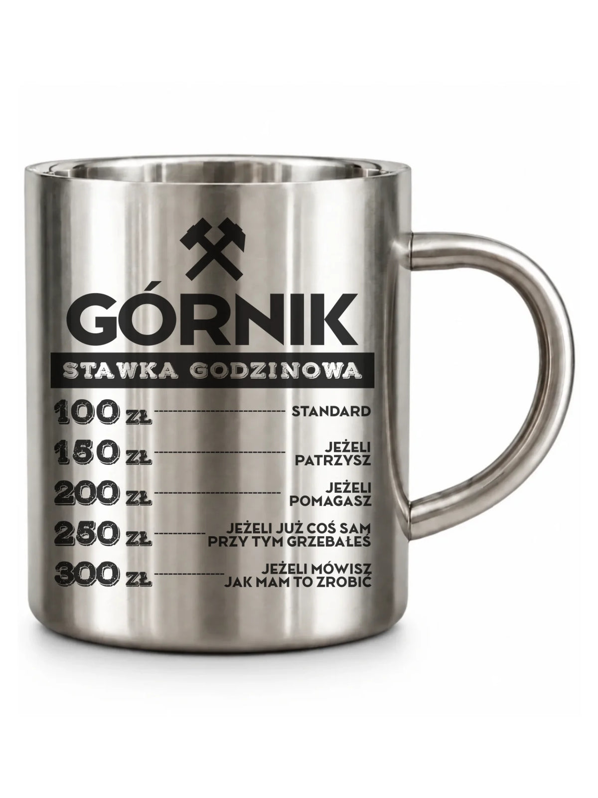 Srebrny metalowy kubek turystyczny dla górnika - Górnik stawka godzinowa