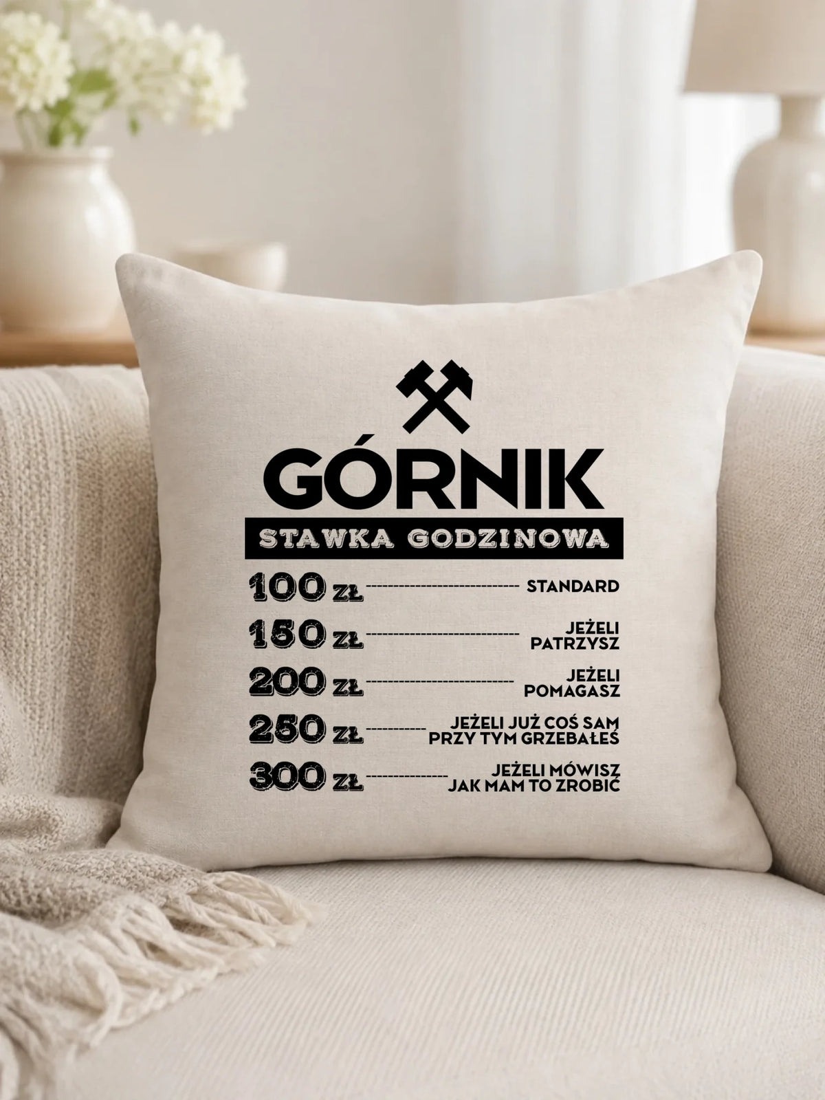 Prezent na święta biała poduszka z nadrukiem - Górnik stawka godzinowa