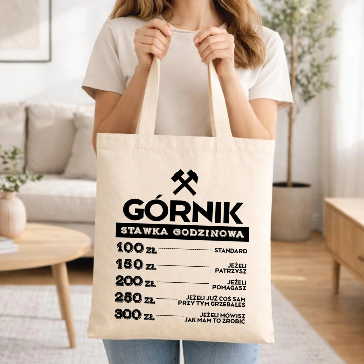 Prezent na Barbórkę naturalna torba bawełniana z nadrukiem - Górnik stawka godzinowa