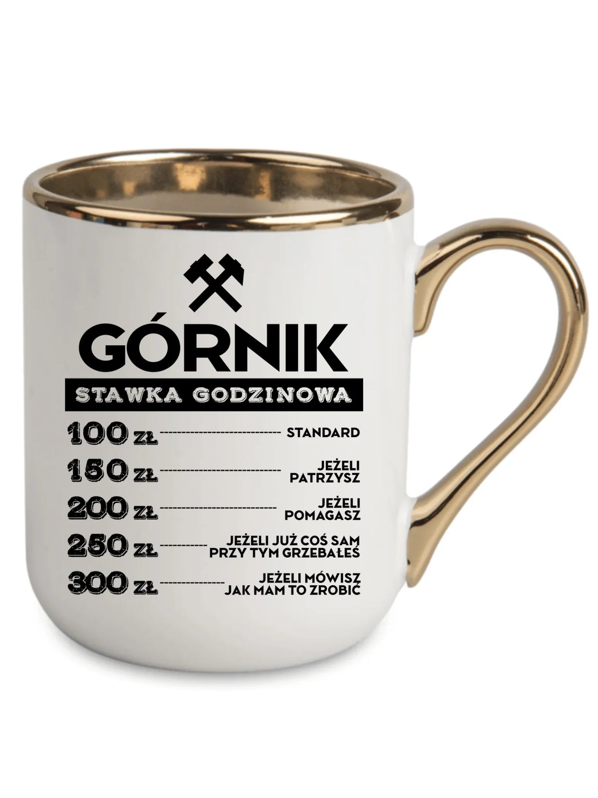 Biały ze złotym rantem i uchem kubek elegant dla górnika - Górnik stawka godzinowa