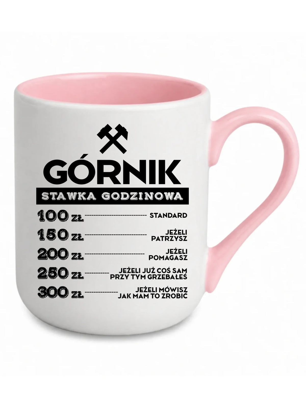 Biały z różowym środkiem kubek elegant dla górnika - Górnik stawka godzinowa