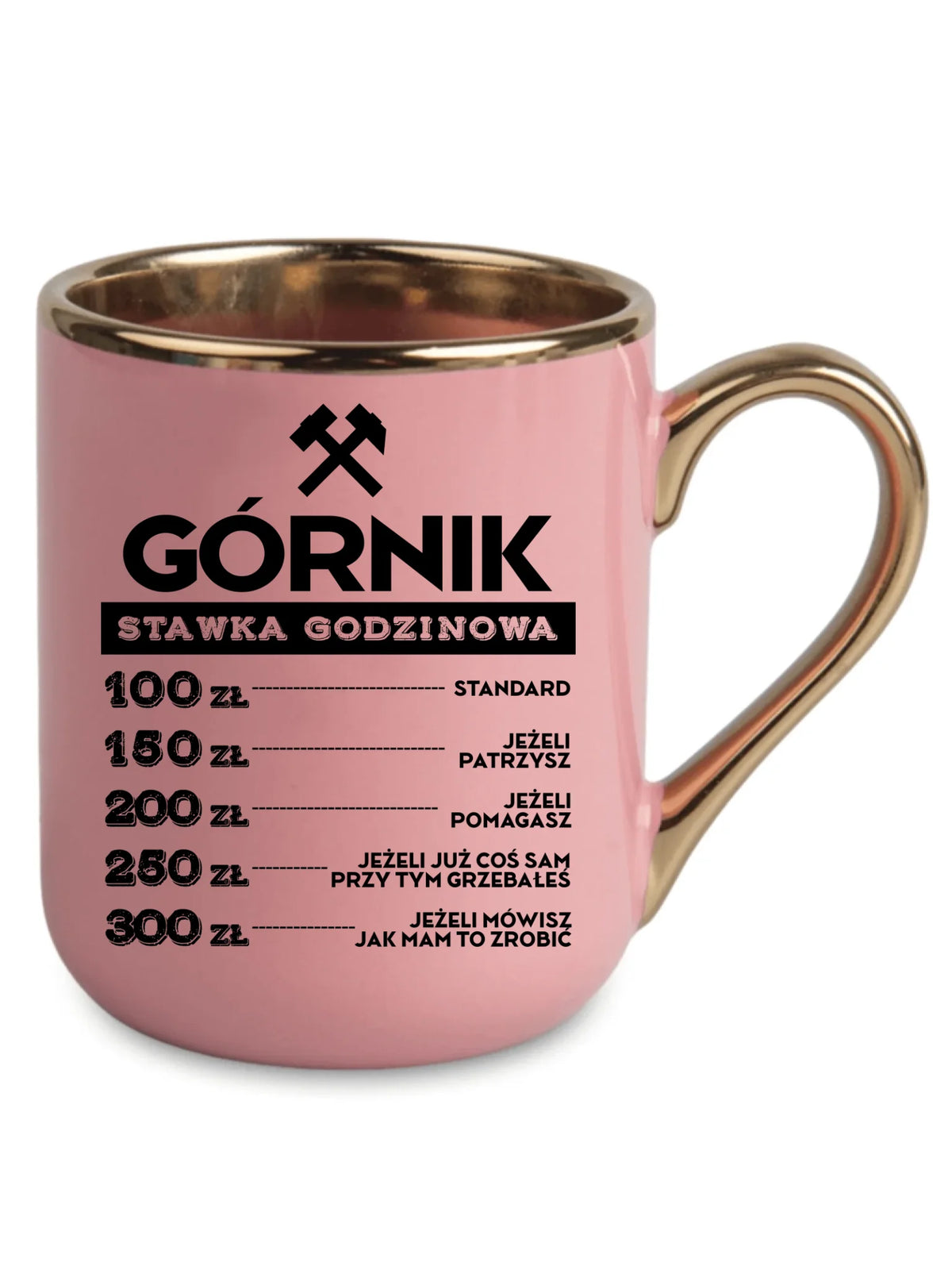 Różowy ze złotym rantem i uchem kubek elegant dla górnika - Górnik stawka godzinowa