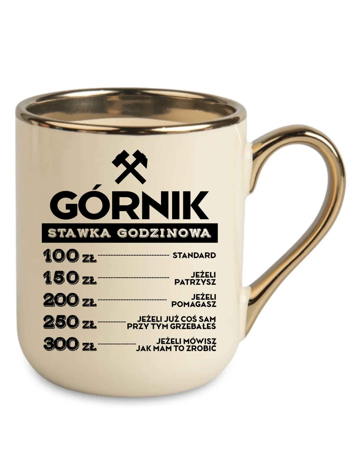 Kremowy ze złotym rantem i uchem kubek elegant dla górnika - Górnik stawka godzinowa