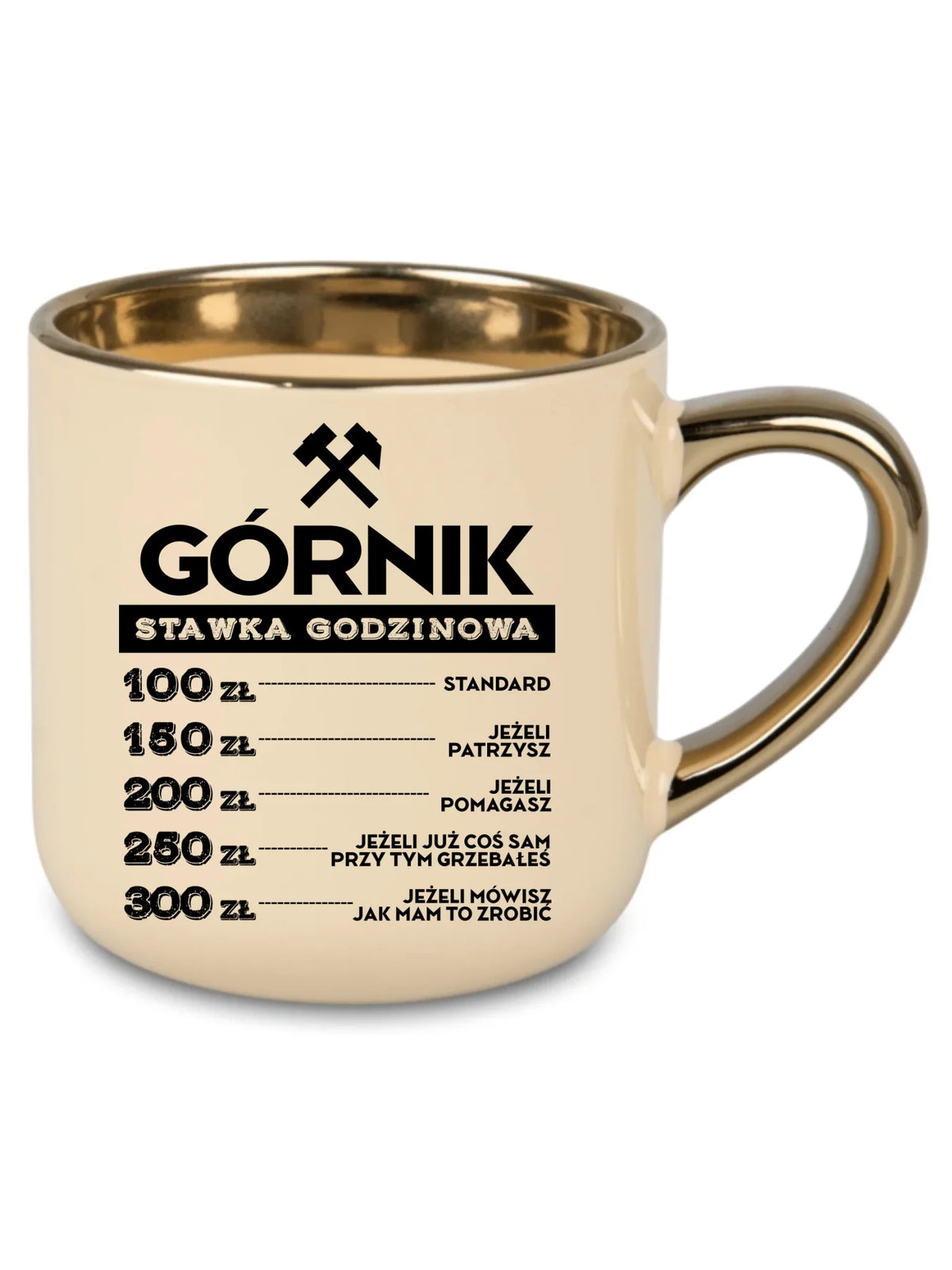 Kremowy kubek ze złotym rantem dla górnika - Górnik stawka godzinowa