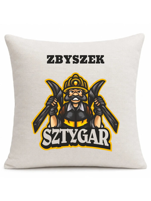 Kremowa poduszka lniana z imieniem dla górnika - Sztygar z imieniem
