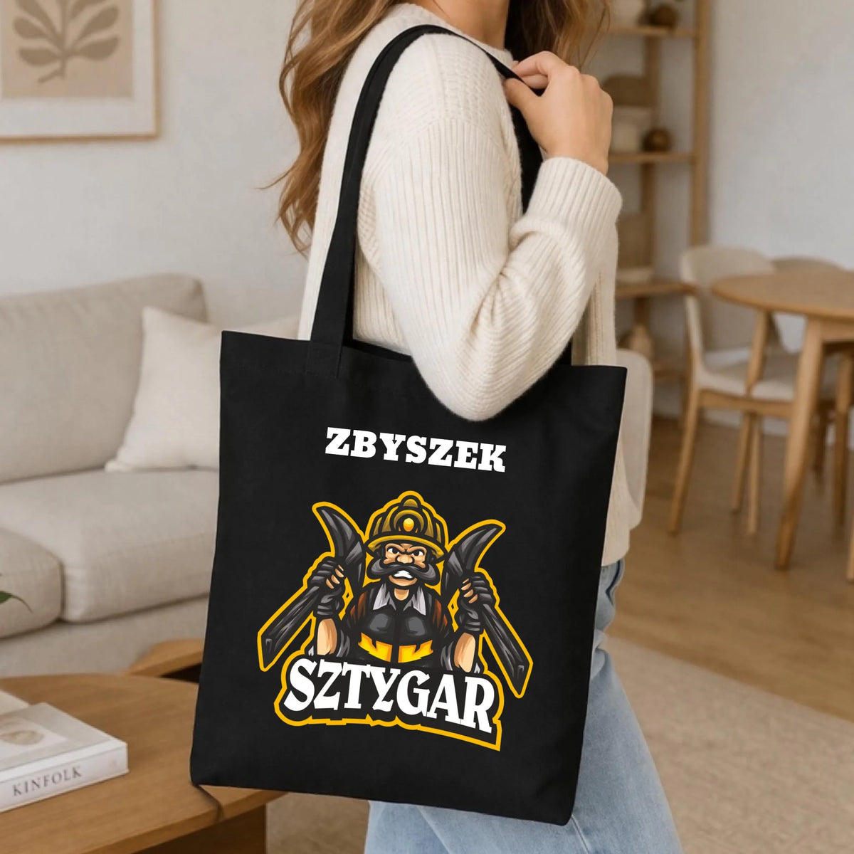 Prezent na Barbórkę czarna torba bawełniana z imieniem i nadrukiem - Sztygar z imieniem