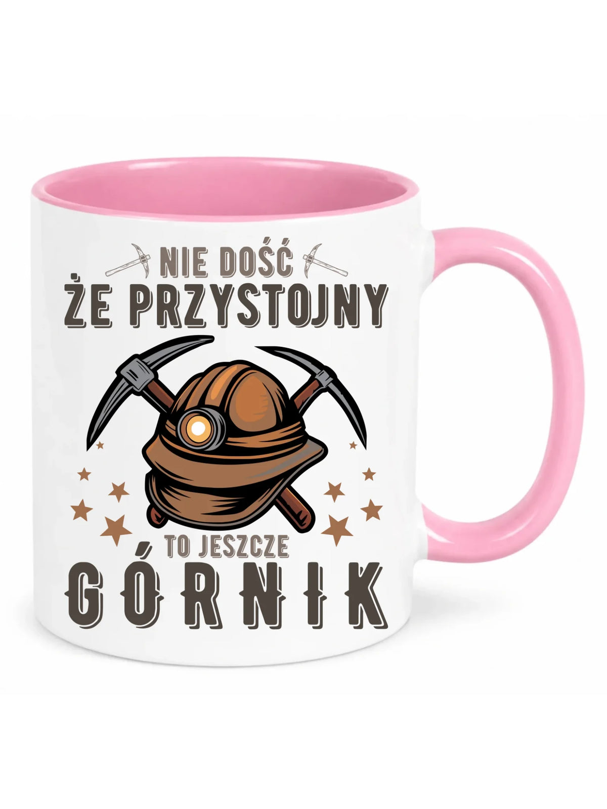 Biały z różowym środkiem kubek dla górnika - Nie dość że przystojny to jeszcze górnik