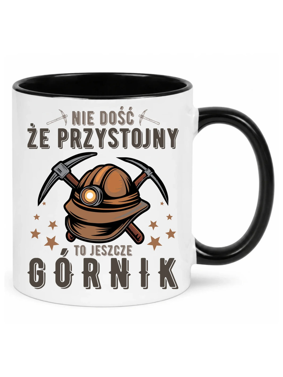 Biały z czarnym środkiem kubek dla górnika - Nie dość że przystojny to jeszcze górnik