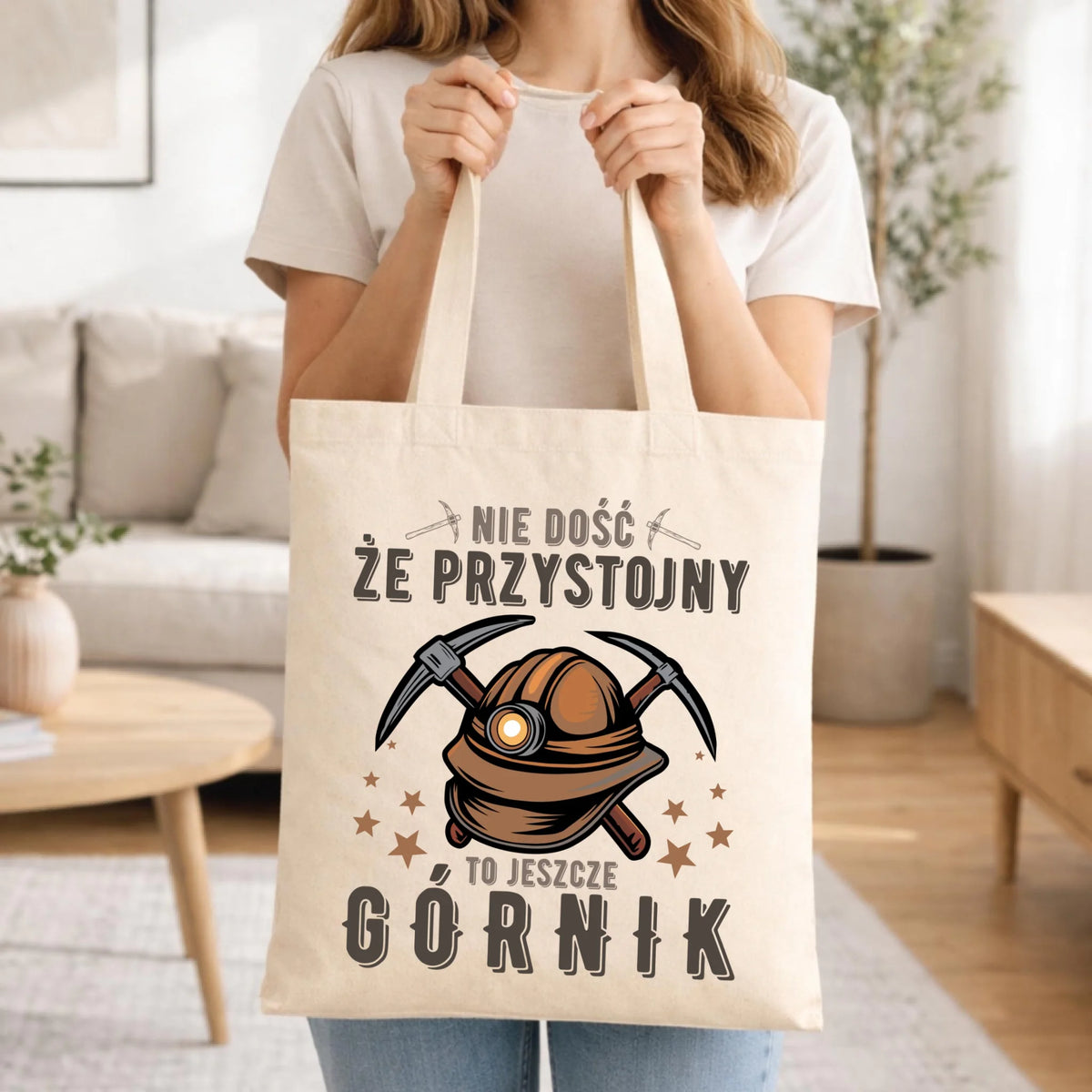 Prezent na Dzień Górnika naturalna torba bawełniana z nadrukiem - Nie dość że przystojny to jeszcze górnik