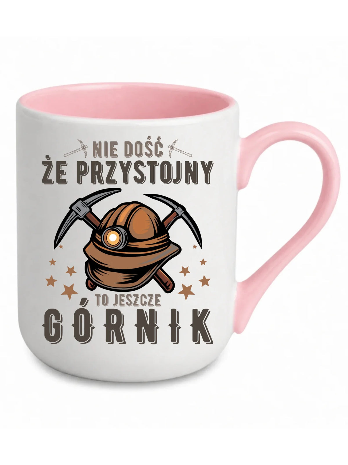 Biały z różowym środkiem kubek elegant dla górnika - Nie dość że przystojny to jeszcze górnik