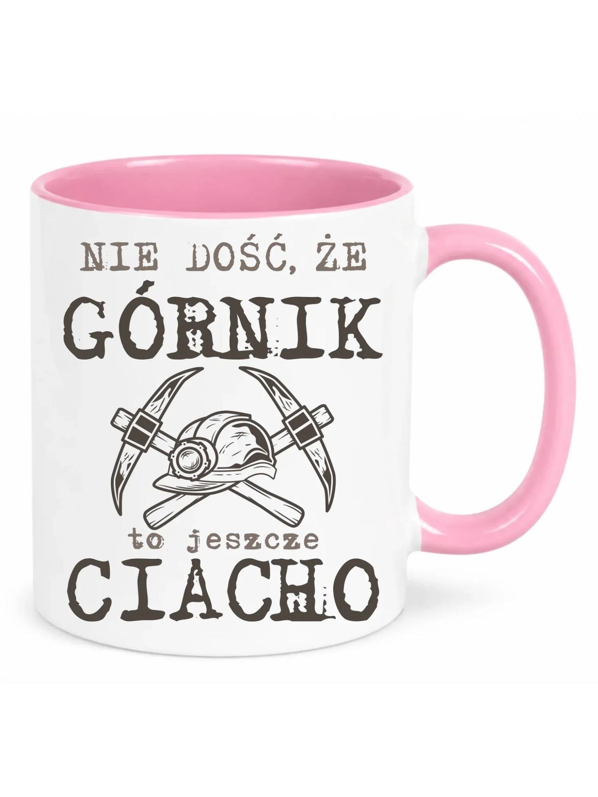 Biały z różowym środkiem kubek dla górnika - Nie dość, że górnik to jeszcze ciacho