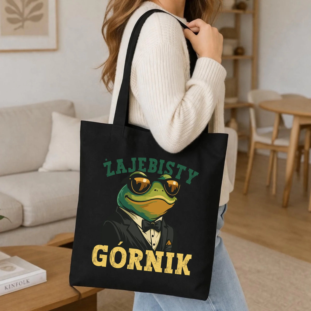 Prezent na Barbórkę czarna torba bawełniana z nadrukiem - Żajebisty Górnik
