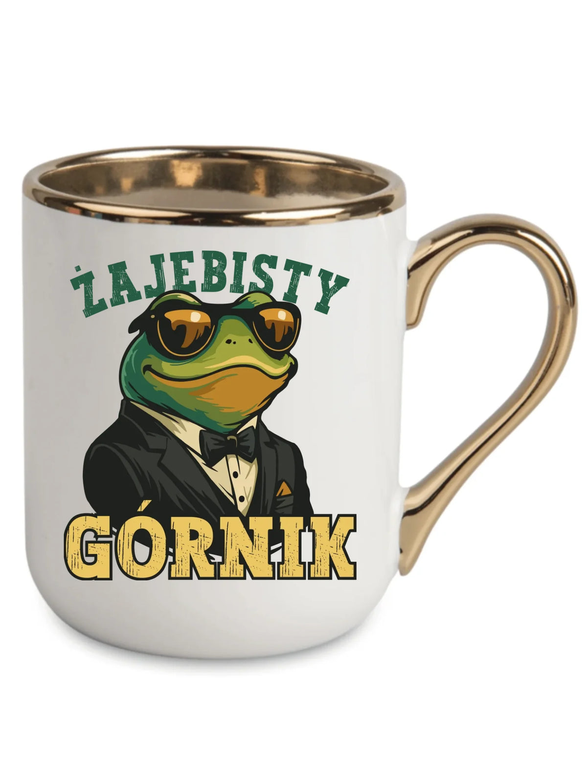 Biały ze złotym rantem i uchem kubek elegant dla górnika - Żajebisty Górnik