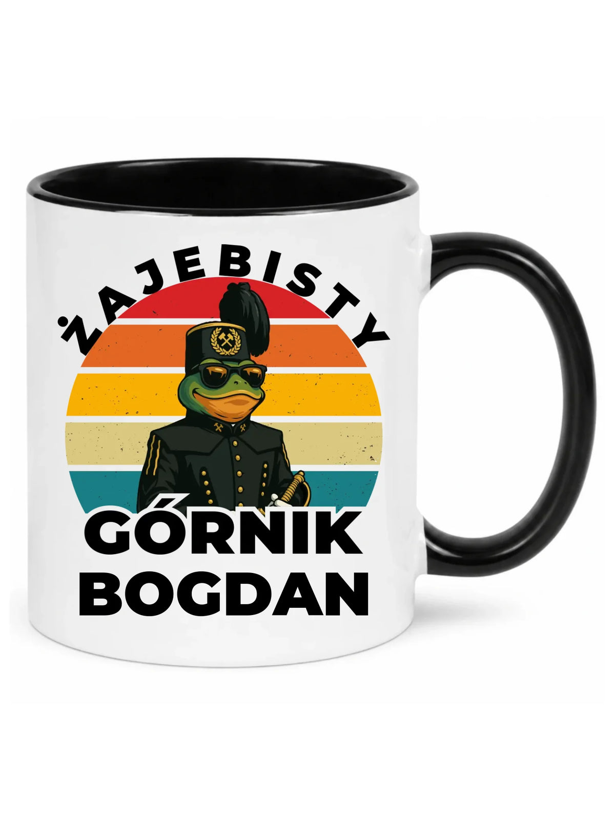 Biały z czarnym środkiem kubek z imieniem dla górnika - Żajebisty Górnik z imieniem
