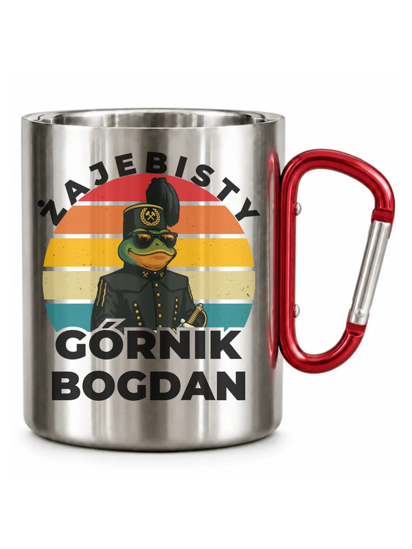 Srebrny z karabińczykiem kubek turystyczny z imieniem dla górnika - Żajebisty Górnik z imieniem