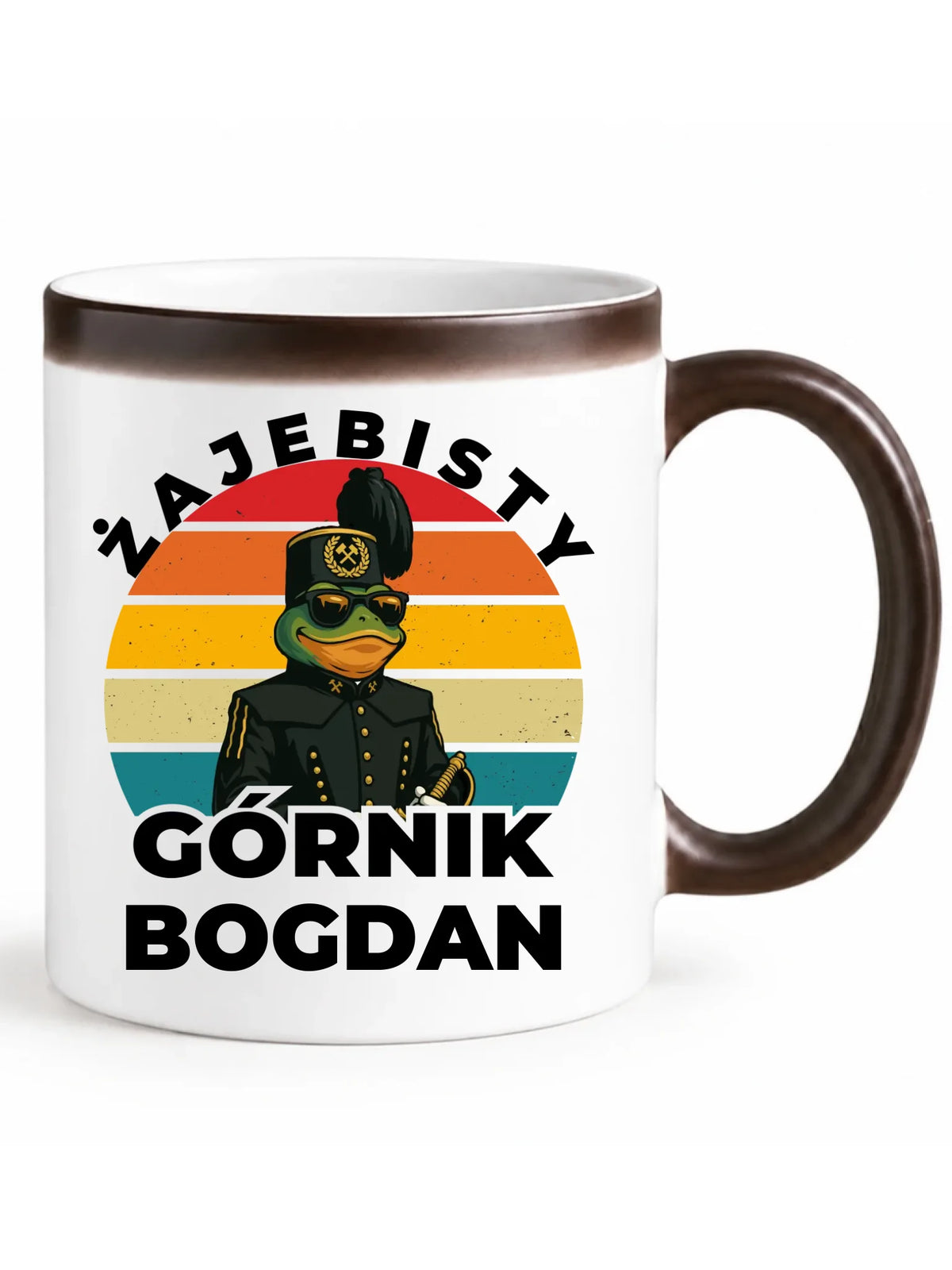 Czarny zmieniający kolor kubek magiczny z ukrytym nadrukiem z imieniem dla górnika - Żajebisty Górnik z imieniem