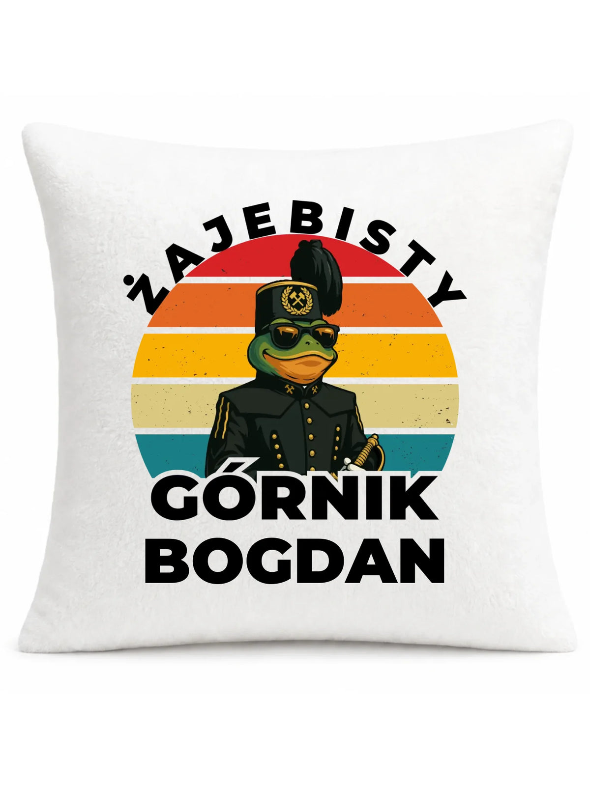 Biała poduszka pluszowa z imieniem dla górnika - Żajebisty Górnik z imieniem