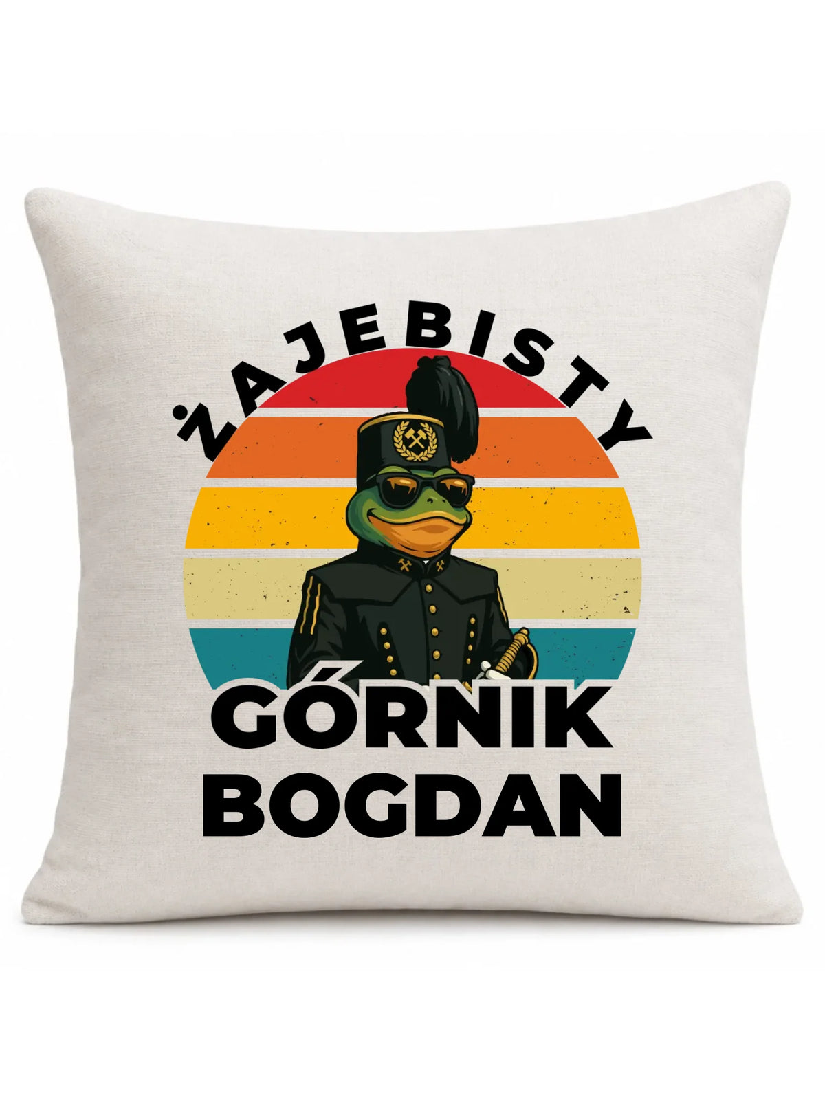 Kremowa poduszka lniana z imieniem dla górnika - Żajebisty Górnik z imieniem