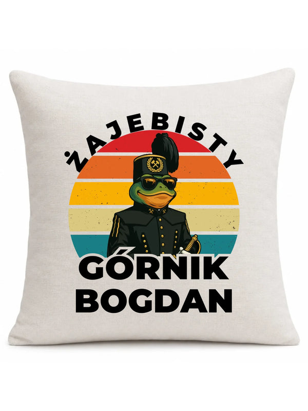 Kremowa poduszka lniana z imieniem dla górnika - Żajebisty Górnik z imieniem