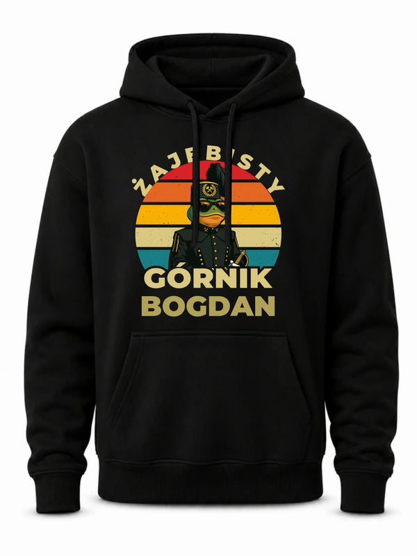 Czarna bluza męska z kapturem z imieniem dla górnika - Żajebisty Górnik z imieniem