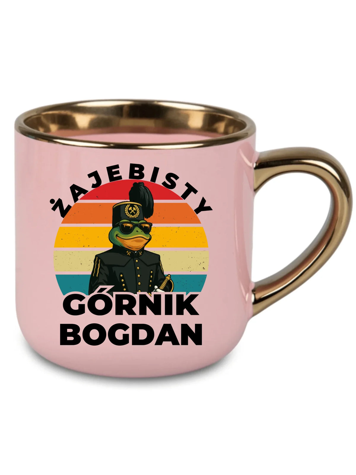 Różowy kubek ze złotym rantem z imieniem dla górnika - Żajebisty Górnik z imieniem