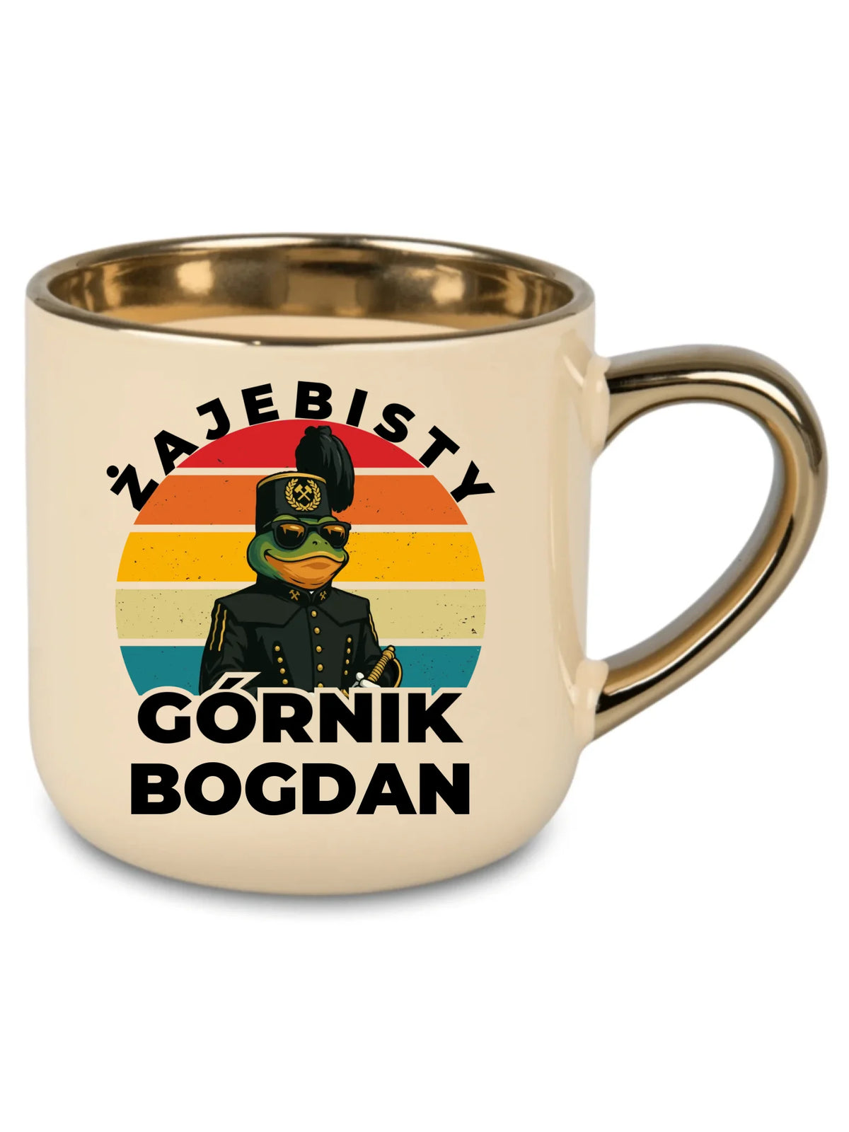 Kremowy kubek ze złotym rantem z imieniem dla górnika - Żajebisty Górnik z imieniem