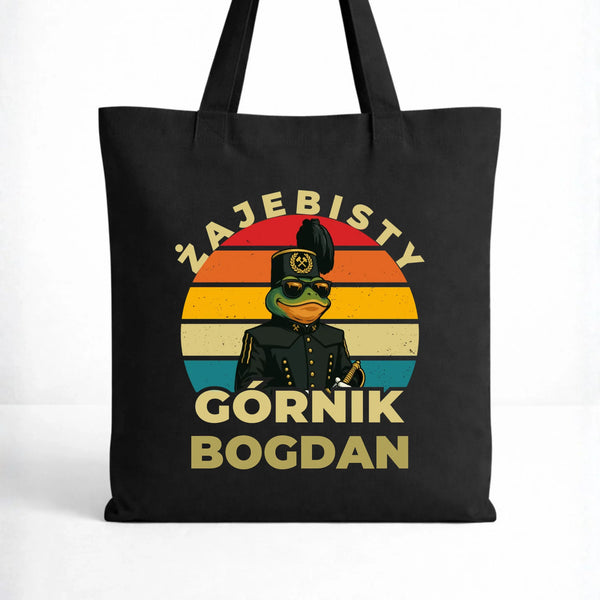 Czarna torba bawełniana z imieniem dla górnika - Żajebisty Górnik z imieniem