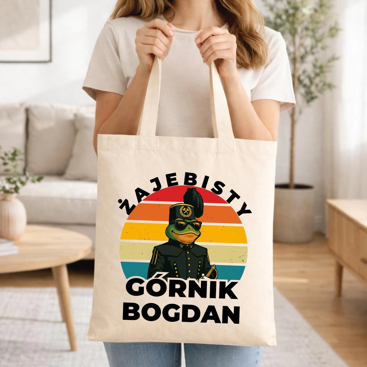 Prezent dla męża naturalna torba bawełniana z imieniem i nadrukiem - Żajebisty Górnik z imieniem