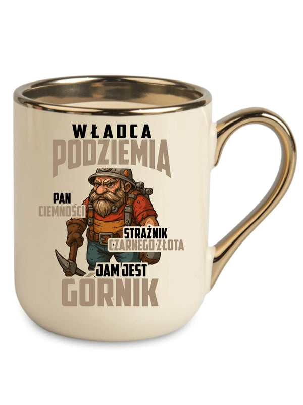 Kremowy ze złotym rantem i uchem kubek elegant dla górnika - Strażnik czarnego złota