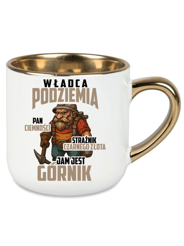 Biały kubek ze złotym rantem dla górnika - Strażnik czarnego złota