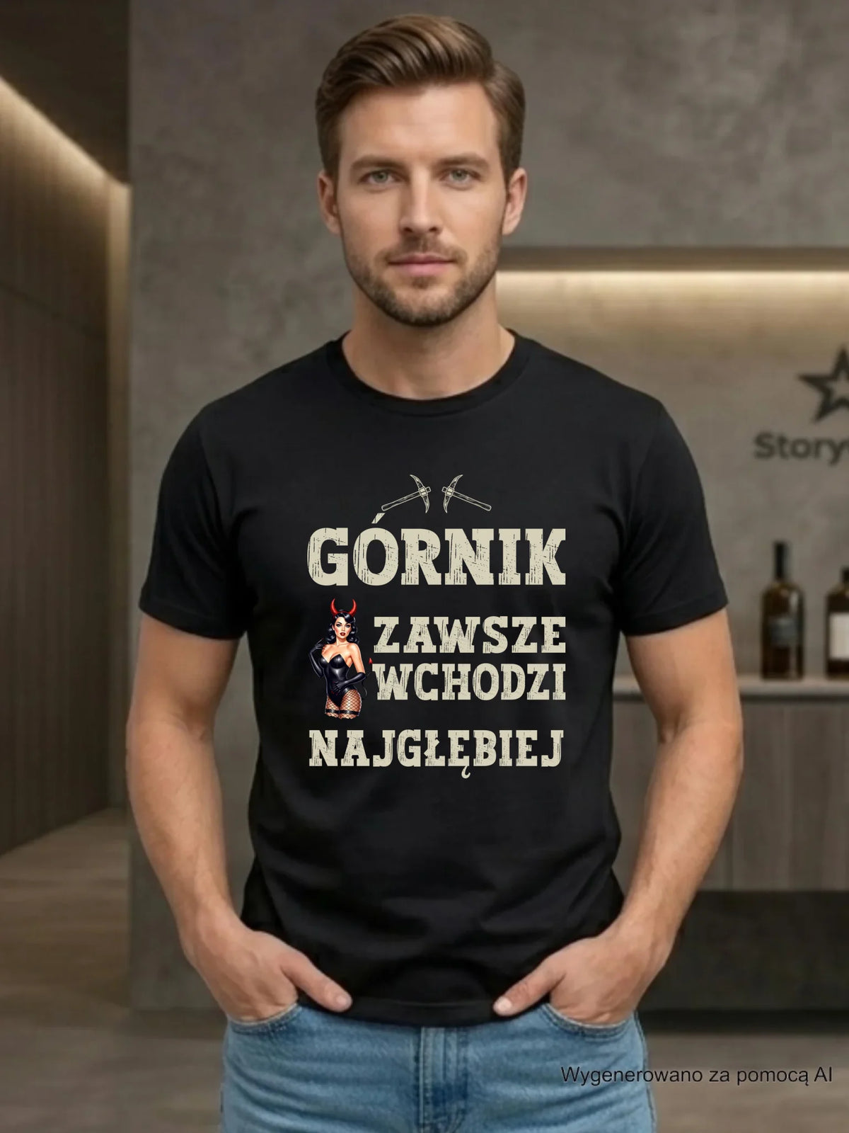 Prezent na Barbórkę czarna koszulka z nadrukiem - Górnik wchodzi najgłębiej