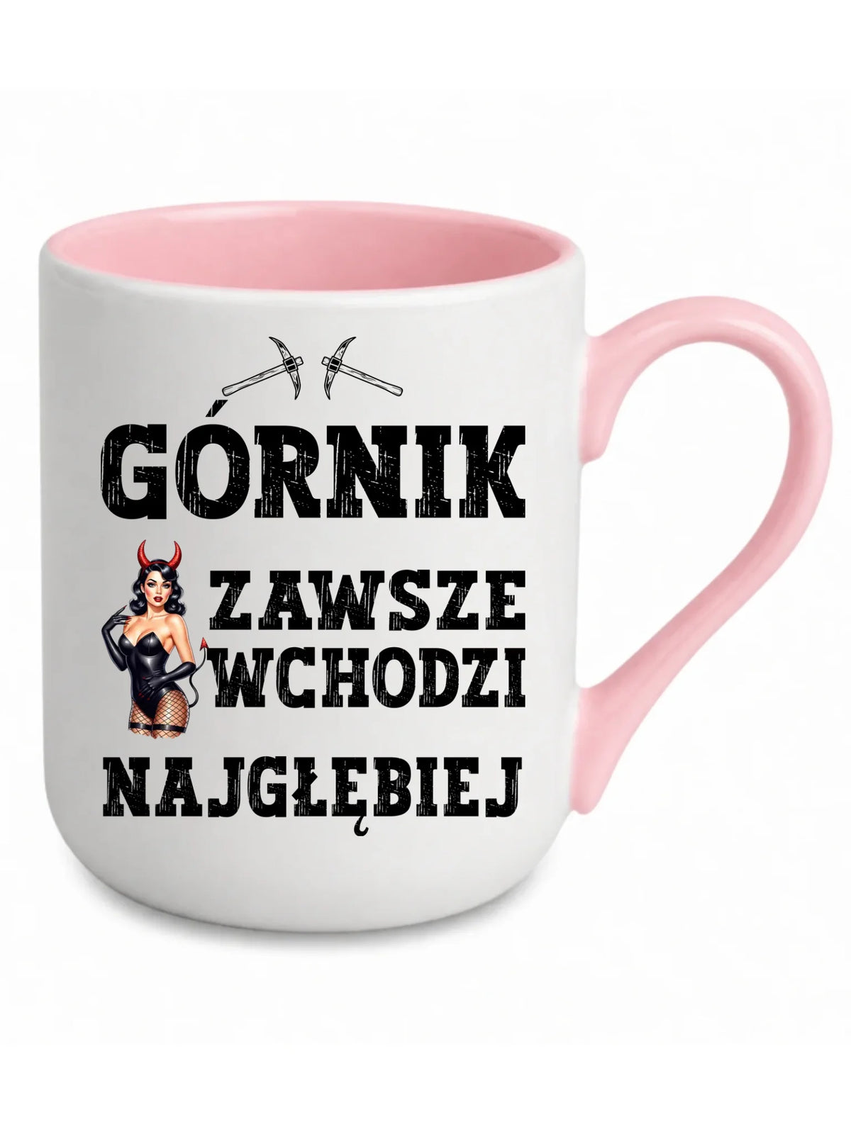 Kubek elegant z różowym środkiem dla górnika - Górnik wchodzi najgłębiej