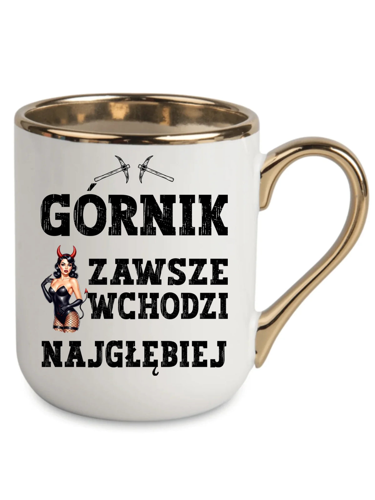 Biały ze złotym rantem i uchem kubek elegant dla górnika - Górnik wchodzi najgłębiej